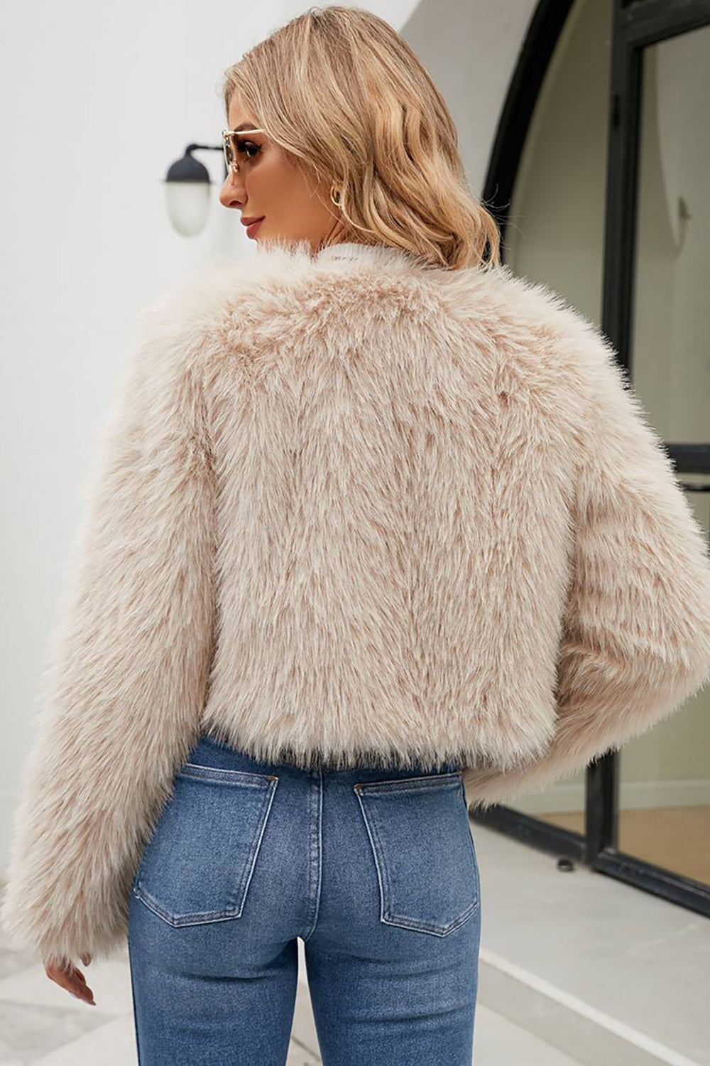 Apricot Open Front Shearling Faux Fur Cropped Coat (3)