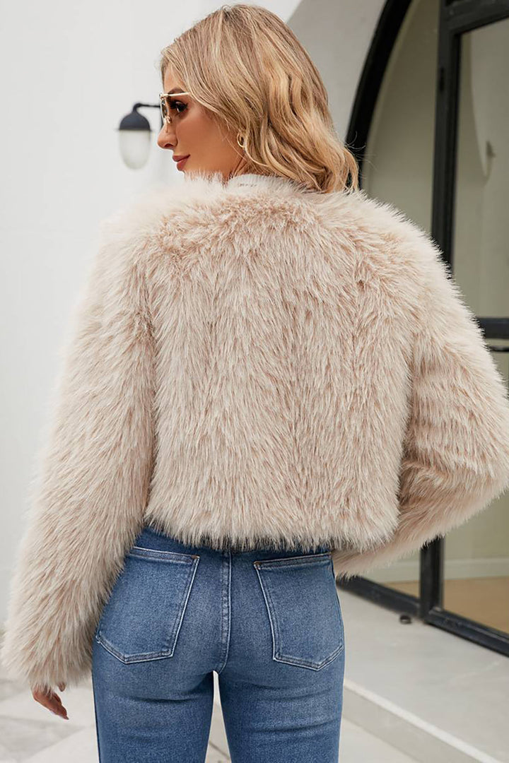 Apricot Open Front Shearling Faux Fur Cropped Coat (3)