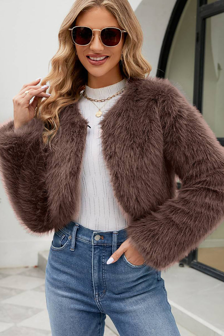 Apricot Open Front Shearling Faux Fur Cropped Coat (7)
