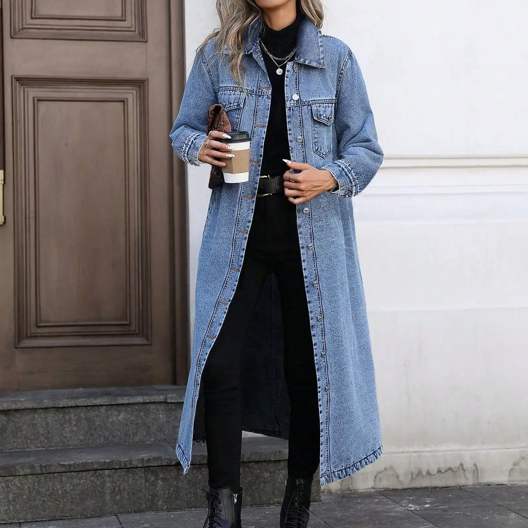 Effortless Denim Jacket for Women with Collar Long Sleeve Button Front Longline Relaxed Style (1)