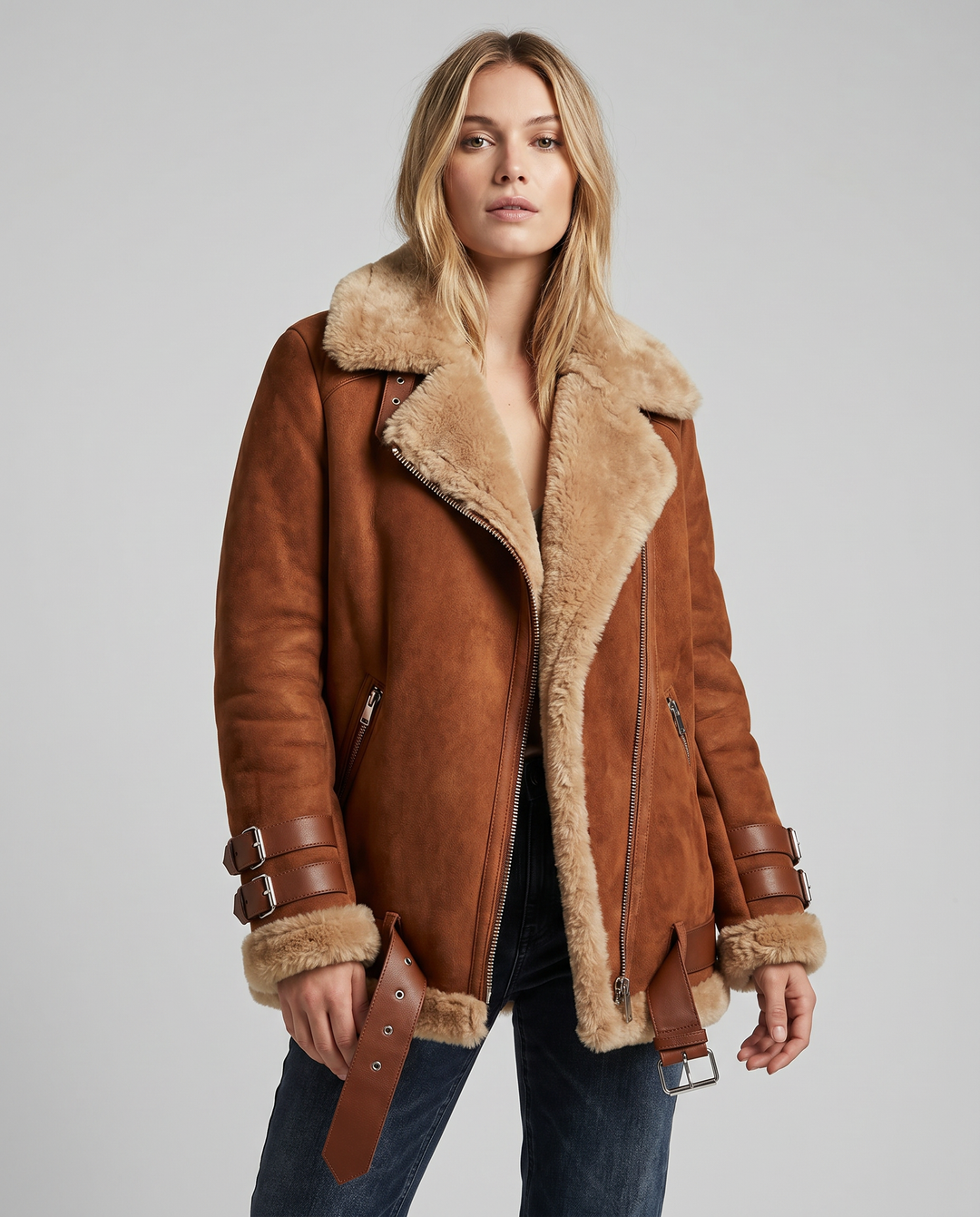 Women's Premium Faux Sheepskin Jacket With Belt And Pockets (1)