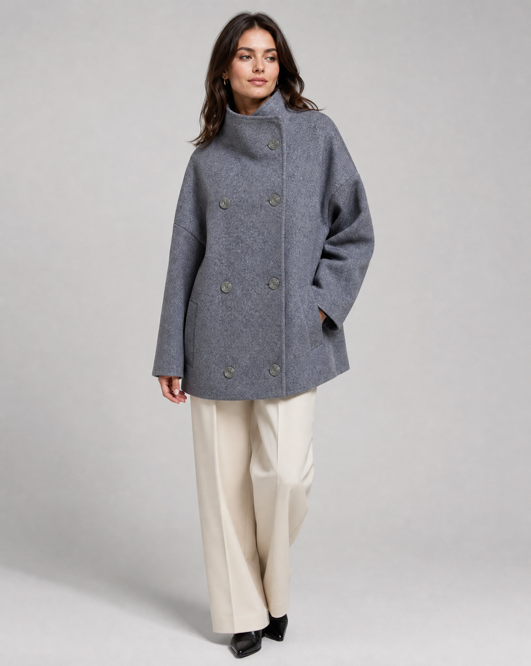 Stand Collar Women's Pea Coat (1)