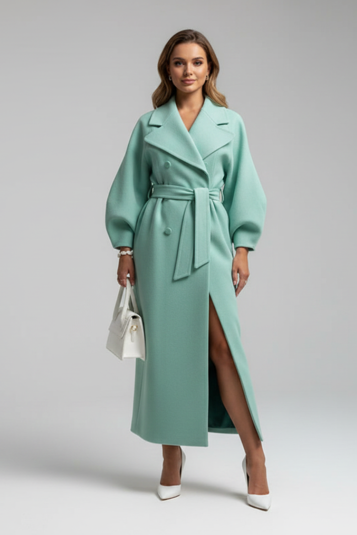 Women’s Long Trench Coat with Lapel Collar and Button Closure (1)