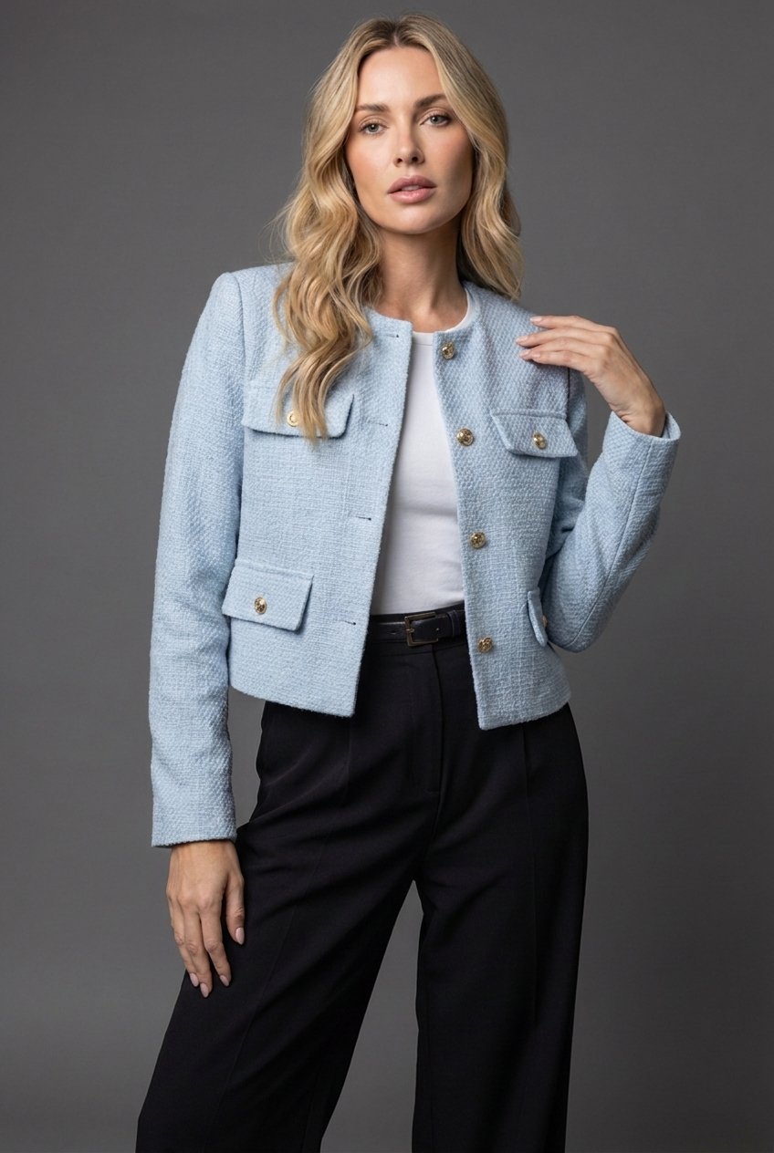 Women's Cropped Blazer with Gold Buttons in Soft Tweed – Elegant Round Neck Design (1)