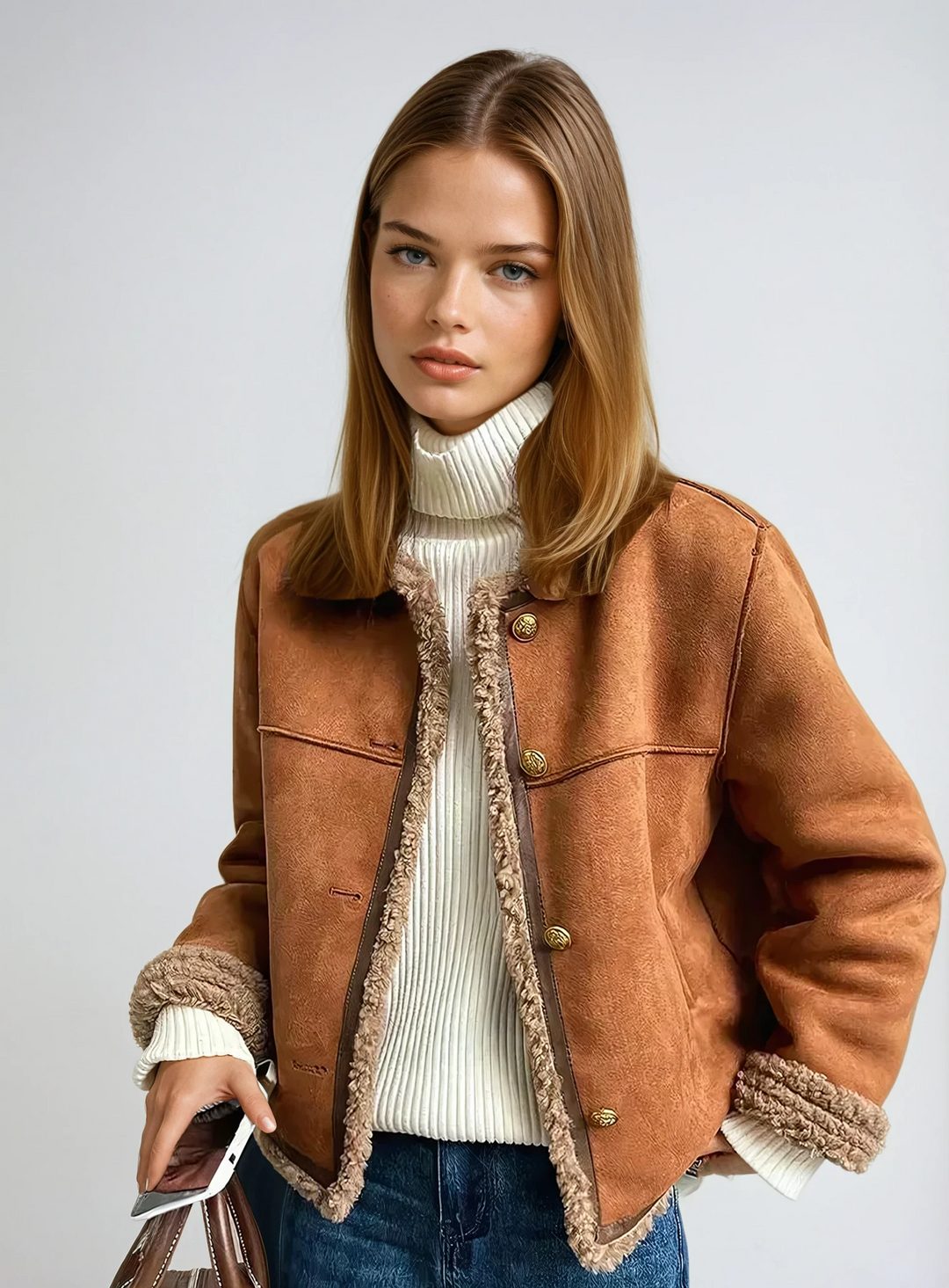Women’s Faux Shearling Lined Suede Jacket (1)