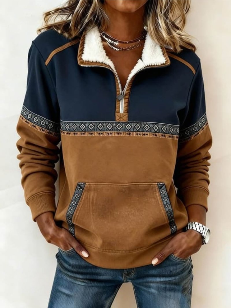 Novelle | Colour-Block Aztec Quarter-Zip Fleece Sweater (1)