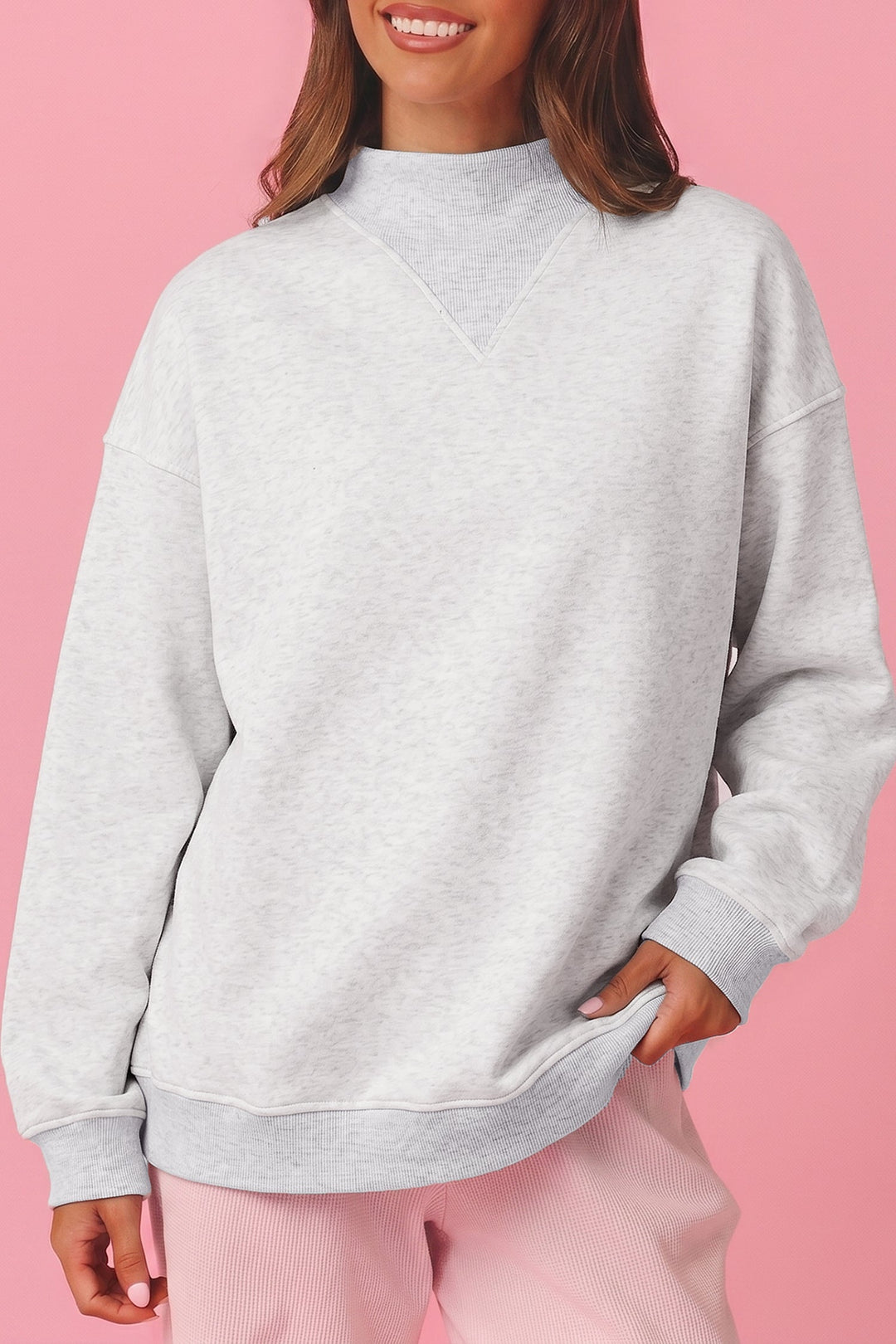 Olive Lane Light Grey High Neck Ribbed Cuff Hem Sweatshirt (1)