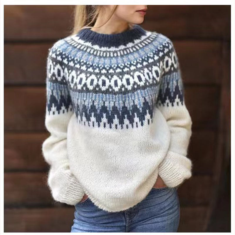 Women's Nordic Pattern Sweater, Crew Neck, Long Sleeves (1)