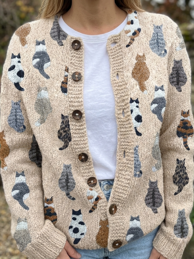 Women's Cat Print Knit Cardigan, Button Front, Long Sleeves (1)