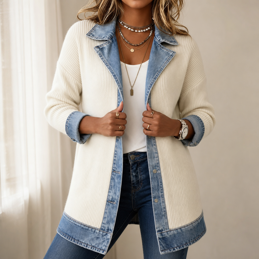 Ribova – Ribbed Knit Coat With Denim Panels (1)