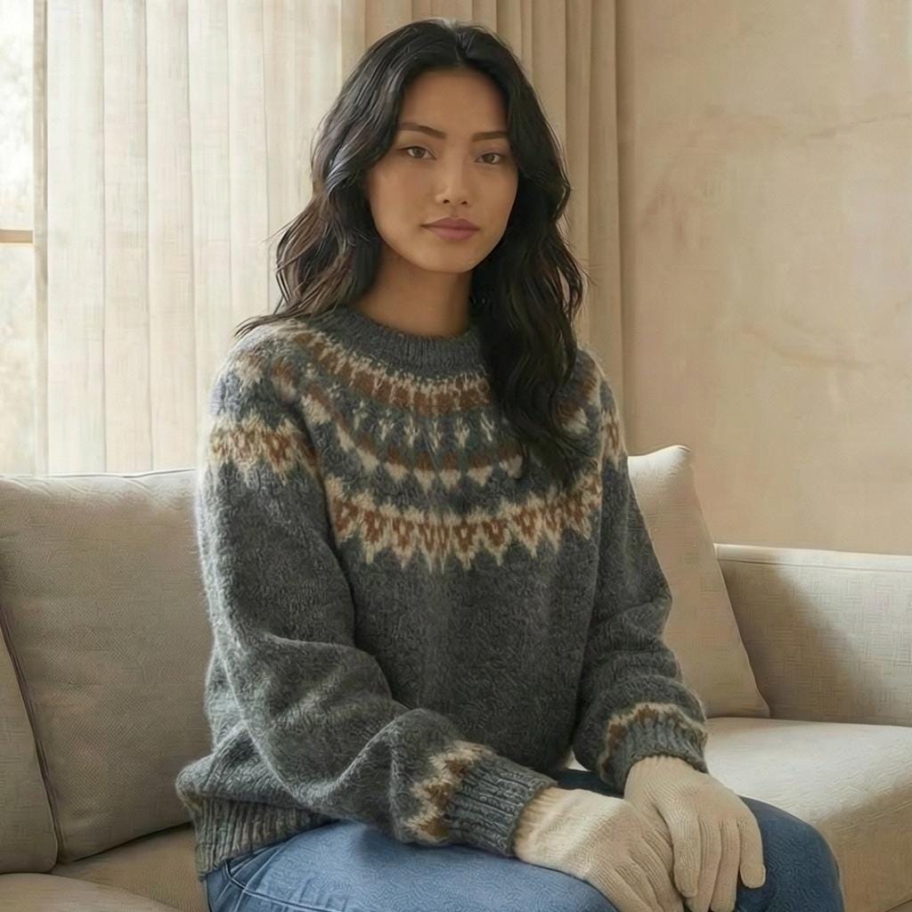 Handcrafted Oversized Nordic Alpaca Wool Sweater – Cozy Two-Tone Knit for Lazy Autumn Days (1)