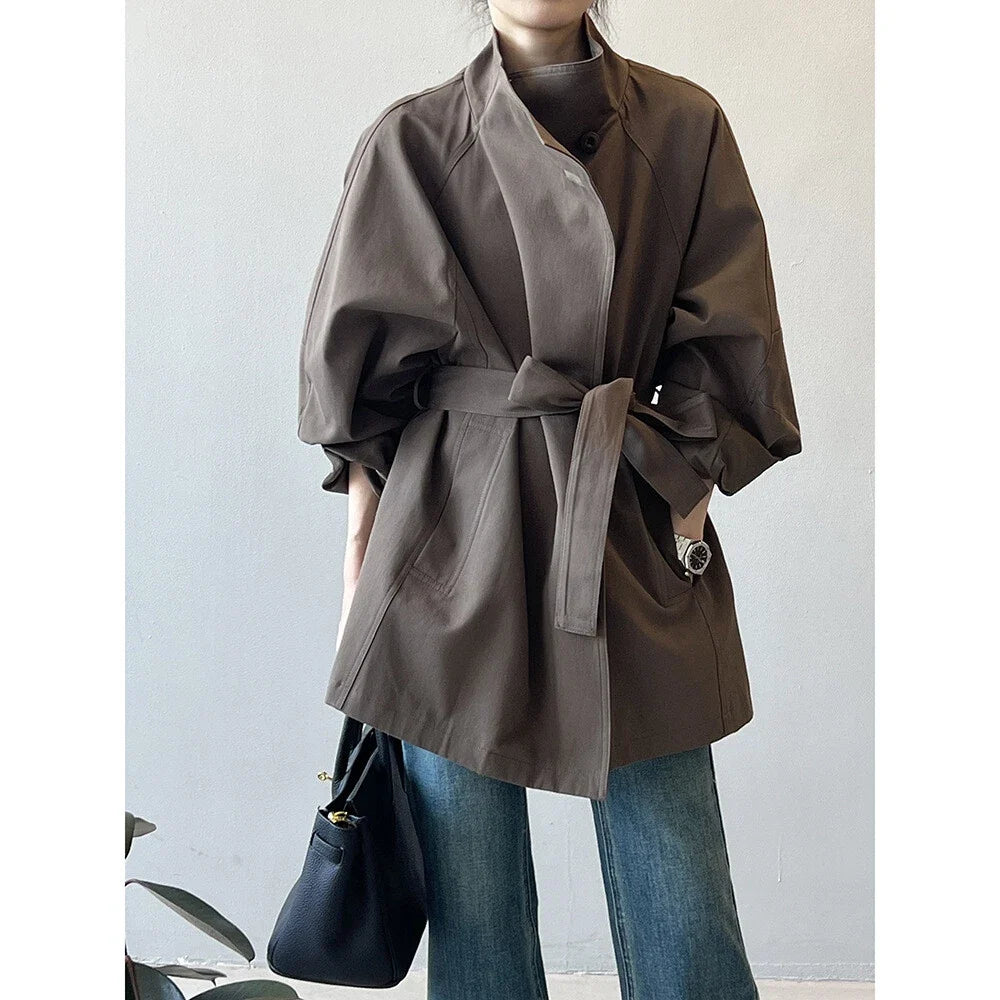 French Retro Trench Coat Women Spring Loose Waist Stand Collar Top Cotton (1)